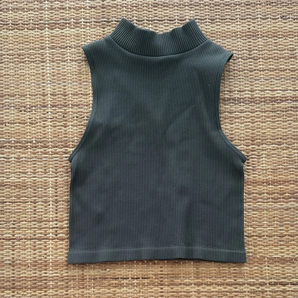 By Together Ribbed Sleeveless Mock Neck Crop Top - Dark Green - Picture 1 of 1